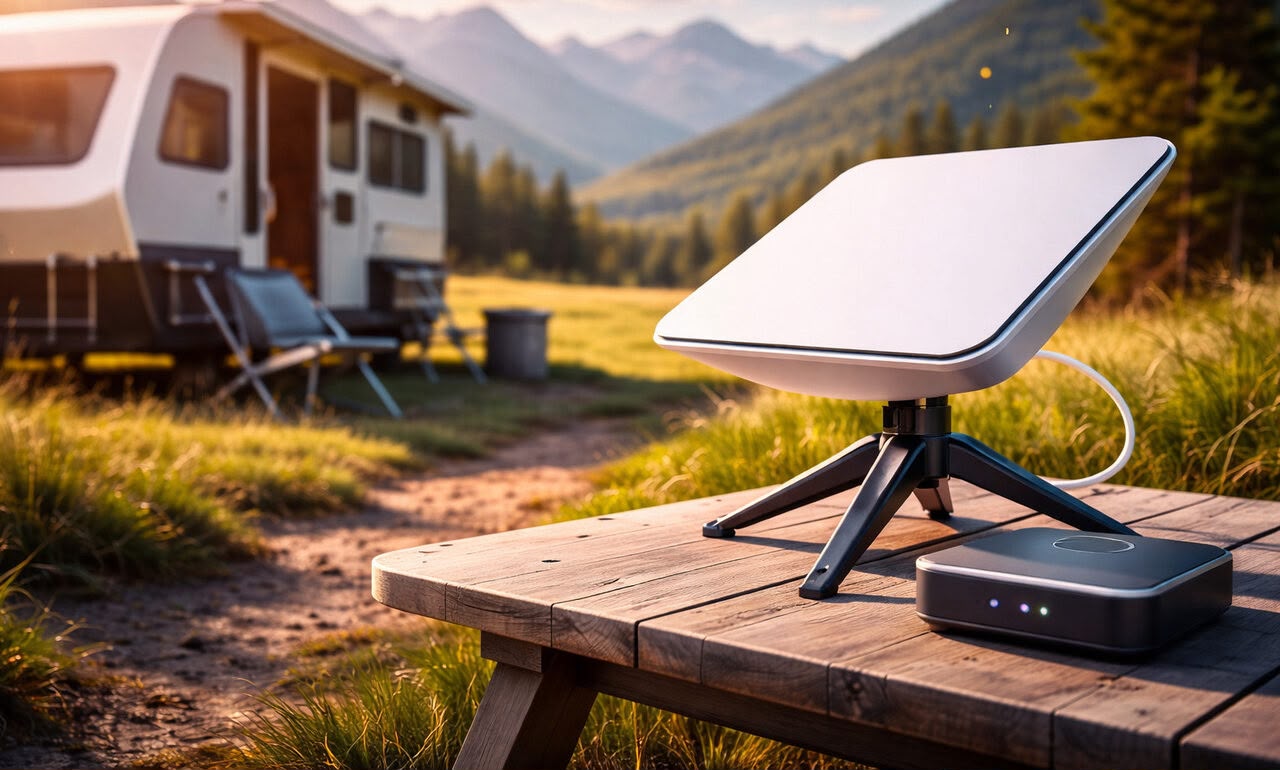 Antena Starlink instalada em acampamento com trailer nas montanhas ao pôr do sol